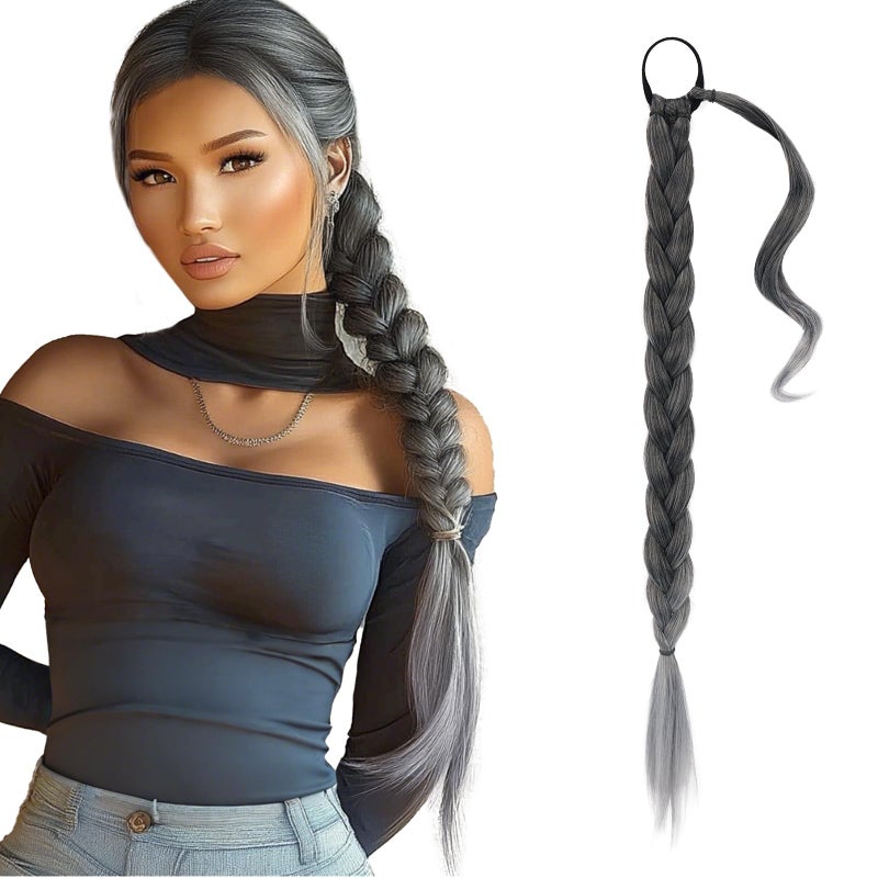 BARSDAR 26 Inch Long Braided Ponytail Extension with Hair Tie - Straight Sleek Wrap Around Ombre Grey Braided Ponytail Hair Extensions - Synthetic Pony Tails Hairpieces for Women - Black Ombre Grey - Image 1