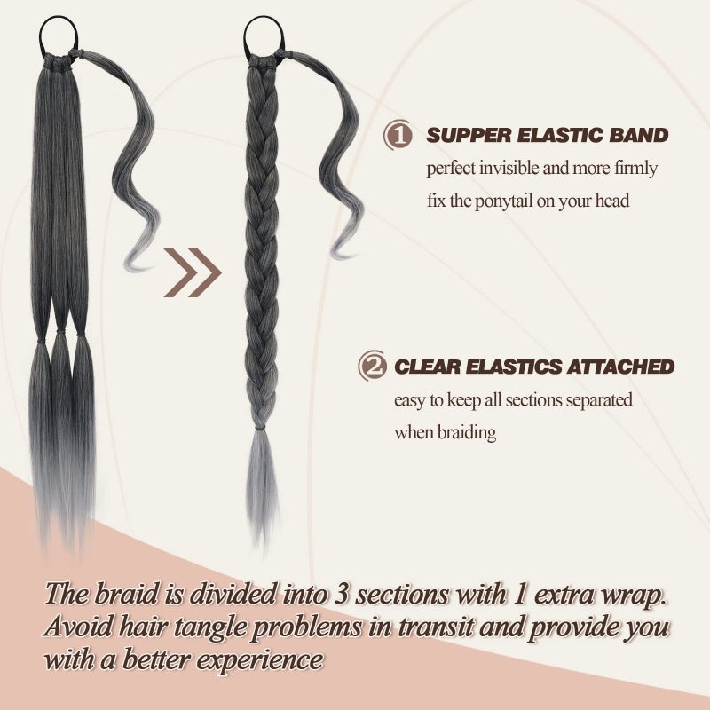 BARSDAR 26 Inch Long Braided Ponytail Extension with Hair Tie - Straight Sleek Wrap Around Ombre Grey Braided Ponytail Hair Extensions - Synthetic Pony Tails Hairpieces for Women - Black Ombre Grey - Image 2