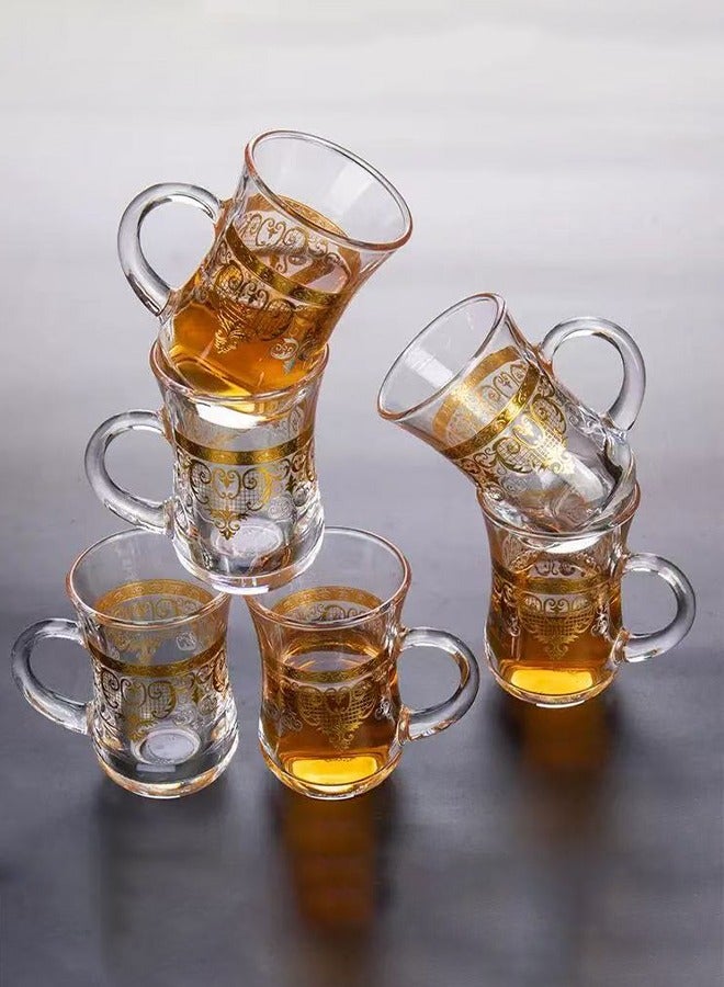 6 transparent golden flower glass water cups ,coffee cups(200ML each) and 6 cherry blossom spoons  - Image 1