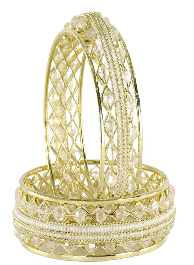 NMII Traditional Gold Plated Metal Bangles Kada Set For Women & Girls With Beads & Pearls | Women's Bangles | Fashion Bangle | Premium Kada Set For Occasions Jewelry- (MAH137-GoldWhite-2.4) - Image 1