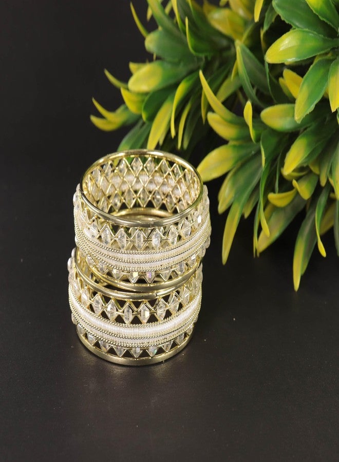 NMII Traditional Gold Plated Metal Bangles Kada Set For Women & Girls With Beads & Pearls | Women's Bangles | Fashion Bangle | Premium Kada Set For Occasions Jewelry- (MAH137-GoldWhite-2.4) - Image 3