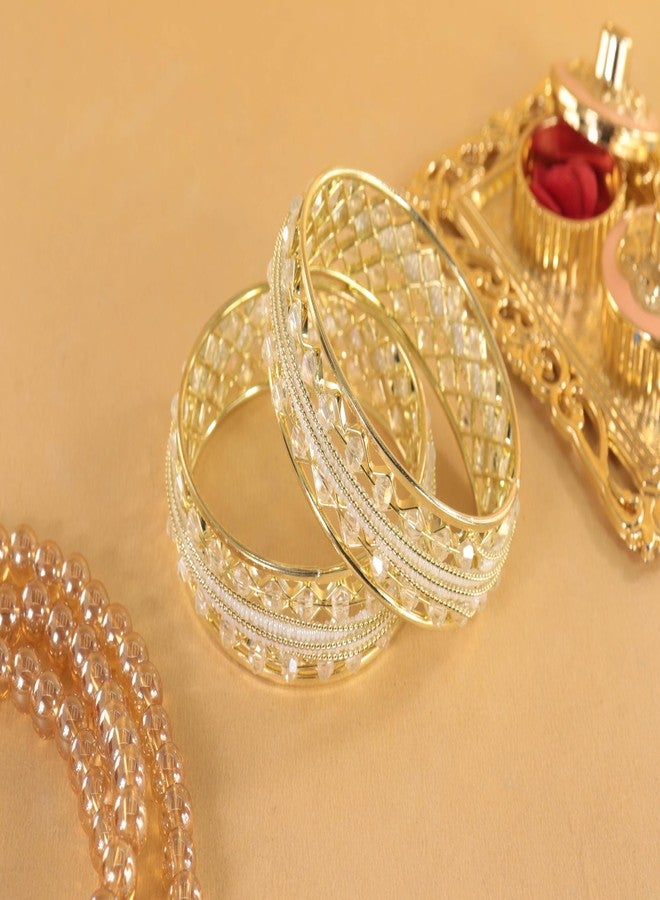 NMII Traditional Gold Plated Metal Bangles Kada Set For Women & Girls With Beads & Pearls | Women's Bangles | Fashion Bangle | Premium Kada Set For Occasions Jewelry- (MAH137-GoldWhite-2.4) - Image 4