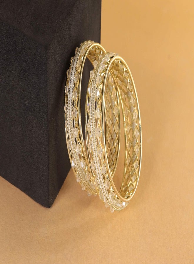 NMII Traditional Gold Plated Metal Bangles Kada Set For Women & Girls With Beads & Pearls | Women's Bangles | Fashion Bangle | Premium Kada Set For Occasions Jewelry- (MAH137-GoldWhite-2.4) - Image 2