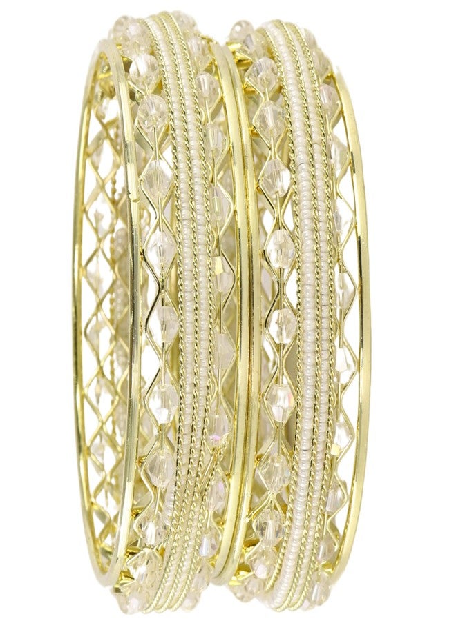 NMII Traditional Gold Plated Metal Bangles Kada Set For Women & Girls With Beads & Pearls | Women's Bangles | Fashion Bangle | Premium Kada Set For Occasions Jewelry- (MAH137-GoldWhite-2.4) - Image 5