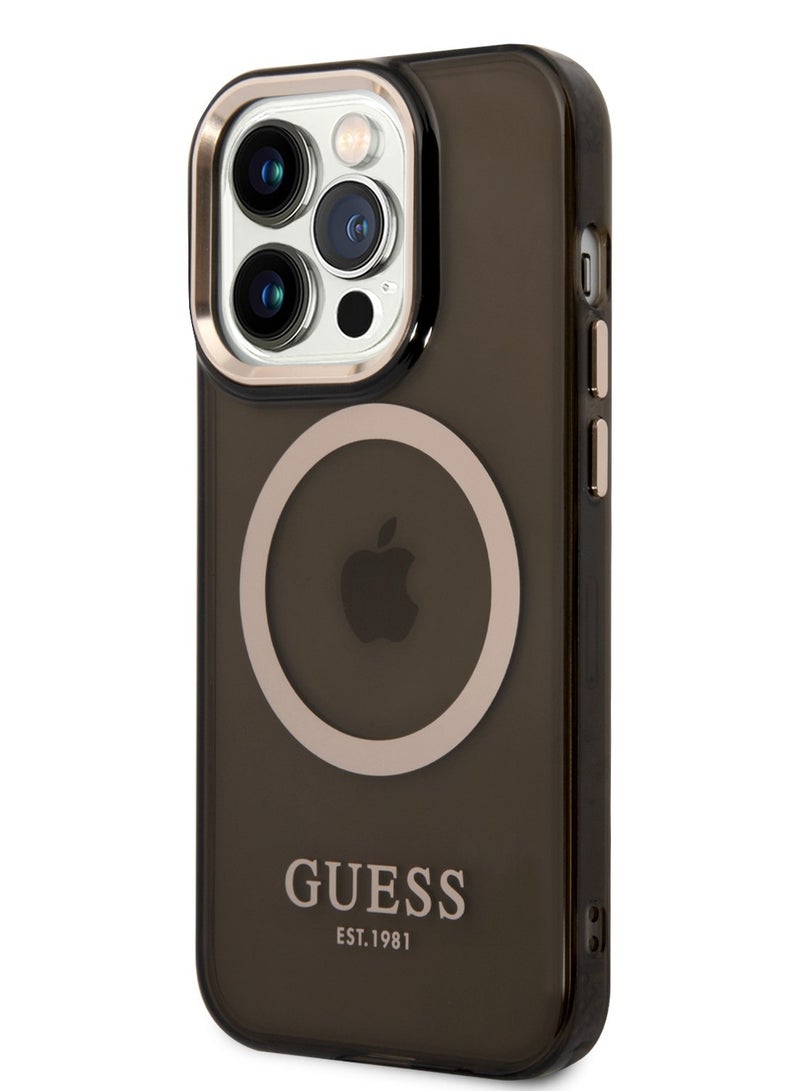 GUESS iPhone 14 Pro Case MagSafe Back Cover with Translucent Gold Outline / Lifted Ring Case / Slim Profile / Easy Snap-On / Drop & Bumper Protection - Black - Image 2