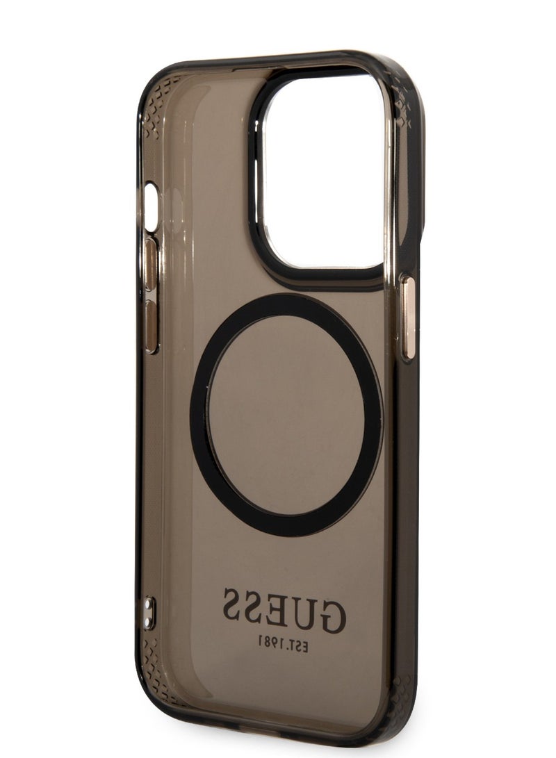 GUESS iPhone 14 Pro Case MagSafe Back Cover with Translucent Gold Outline / Lifted Ring Case / Slim Profile / Easy Snap-On / Drop & Bumper Protection - Black - Image 4