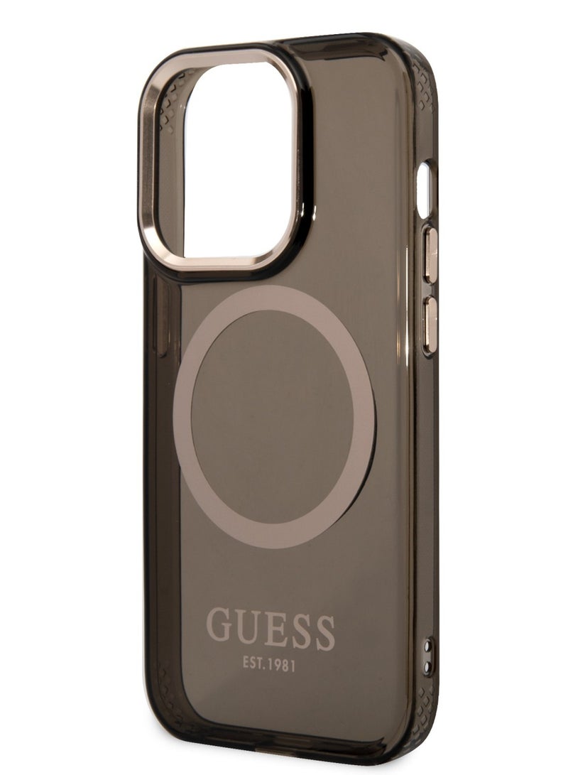 GUESS iPhone 14 Pro Case MagSafe Back Cover with Translucent Gold Outline / Lifted Ring Case / Slim Profile / Easy Snap-On / Drop & Bumper Protection - Black - Image 3