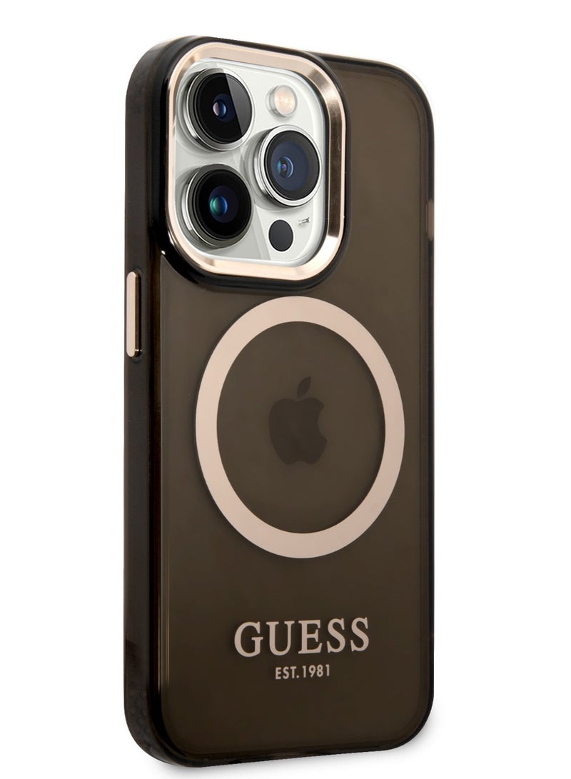 GUESS iPhone 14 Pro Case MagSafe Back Cover with Translucent Gold Outline / Lifted Ring Case / Slim Profile / Easy Snap-On / Drop & Bumper Protection - Black - Image 1