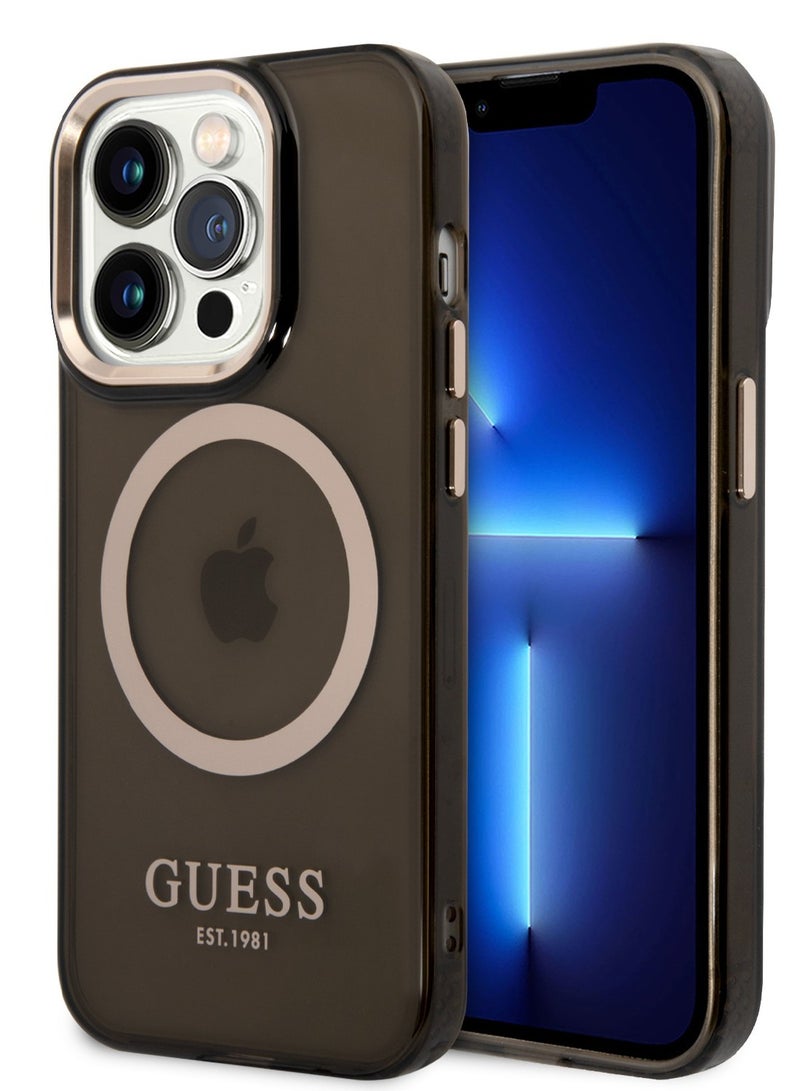 GUESS iPhone 14 Pro Case MagSafe Back Cover with Translucent Gold Outline / Lifted Ring Case / Slim Profile / Easy Snap-On / Drop & Bumper Protection - Black - Image 5