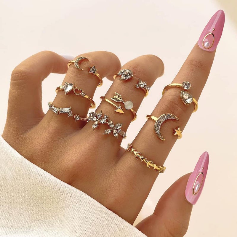 FUTIMELY Boho Retro Stackable Rings Sets for Women Knuckle Joint Finger Knuckle Nail Ring Sets Moon Stars Stack Preppy Statement Rings Cute Trendy Stuff Jewelry (A-9PC-Moon Stars Rings) - Image 3