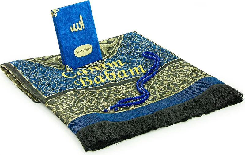 İhvan Online Ihvan Online Father's Day Prayer Rug Set with Prayer Beads and Yasin Book Personalized Blue