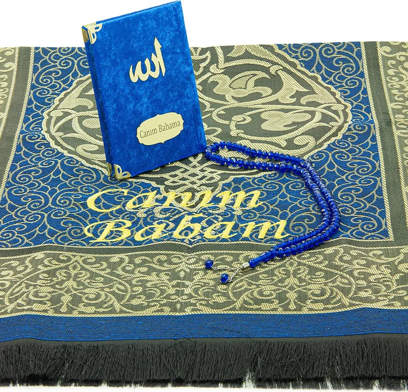 İhvan Online Ihvan Online Father's Day Prayer Rug Set with Prayer Beads and Yasin Book Personalized Blue