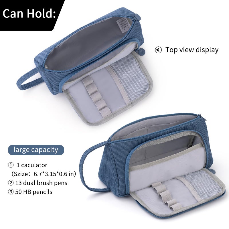 EASTHILL Big Capacity Pencil Case Canvas High Storage Pouch Marker Pen Case Simple Stationery Bag School College Office Organizer for Teens Girls Adults Student-Blue - Image 3