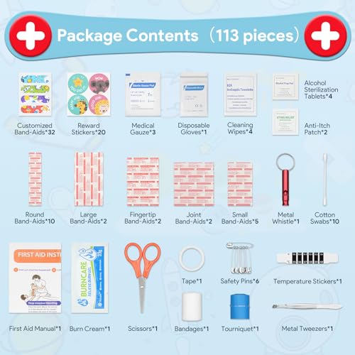 KakuKa Mini First Aid Kit, 113 Pc. Water-Resistant Hard Toddler Kids Small Cute Case for Car, Home - TSA-Approved Travel Size - Image 2
