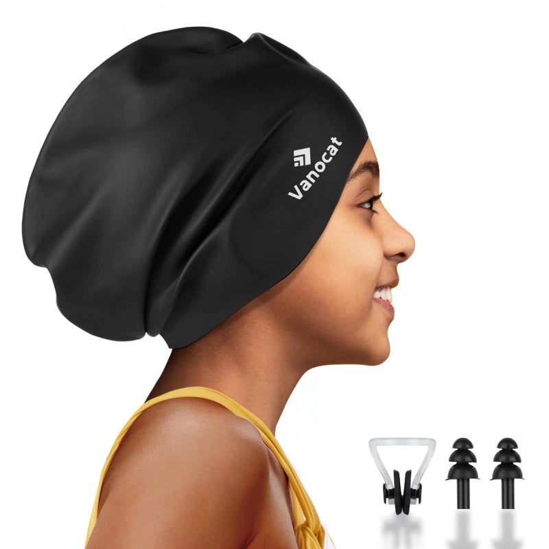 Vanocat Kids Extra Large Swim Cap for Long Hair, Waterproof Silicone Swimming Caps for Boys Girls Children Youth Teen, Large Swim Hat for Long Thick Curly Hair & Dreadlocks Braids Weaves Afro Hair(Black) - Image 1