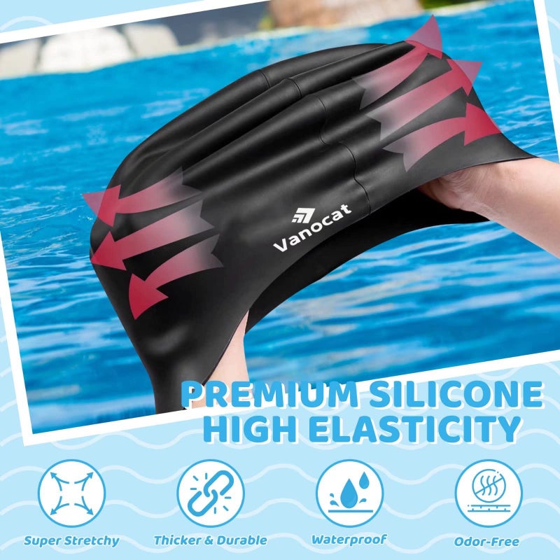 Vanocat Kids Extra Large Swim Cap for Long Hair, Waterproof Silicone Swimming Caps for Boys Girls Children Youth Teen, Large Swim Hat for Long Thick Curly Hair & Dreadlocks Braids Weaves Afro Hair(Black) - Image 4