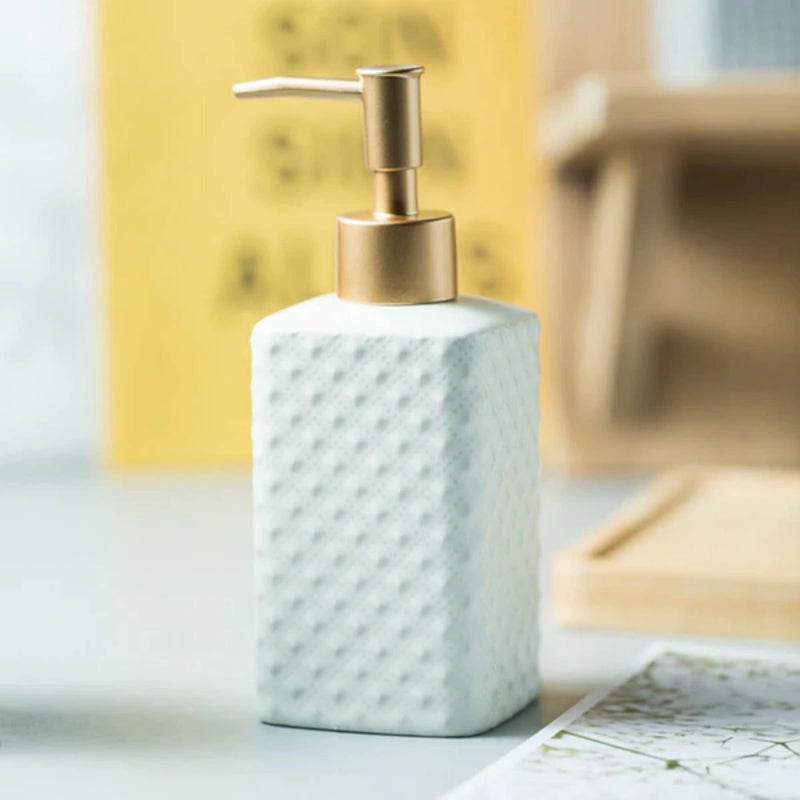 FabSeasons Ceramic Soap Dispenser with Gold top for Kitchen/Bathroom, Ideal Bathroom Accessory, Practical & Decorative Tabletop Soap Dispenser, 350ML - Image 5