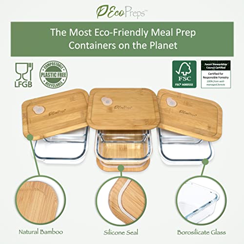 EcoPreps Glass Meal Prep Containers with Bamboo Lids, 2 Compartment Glass Bento Box Container Set (3 Pack) | 100% Plastic Free, Eco-Friendly, Lunch Containers with Lids Made of Bamboo - Set of 3 - Image 2