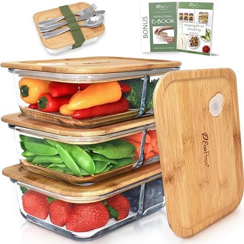EcoPreps Glass Meal Prep Containers with Bamboo Lids, 2 Compartment Glass Bento Box Container Set (3 Pack) | 100% Plastic Free, Eco-Friendly, Lunch Containers with Lids Made of Bamboo - Set of 3 - Image 1
