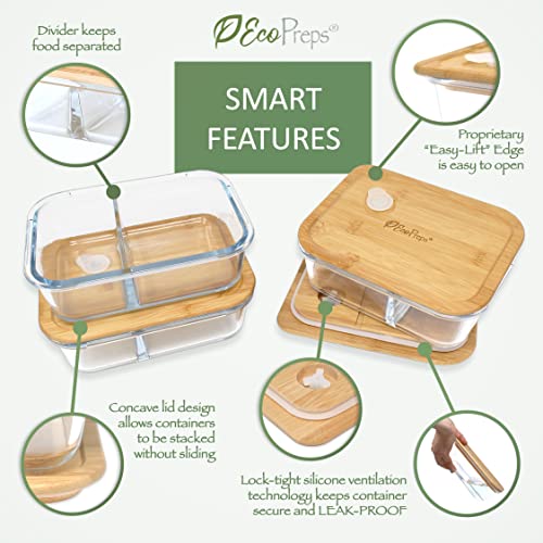 EcoPreps Glass Meal Prep Containers with Bamboo Lids, 2 Compartment Glass Bento Box Container Set (3 Pack) | 100% Plastic Free, Eco-Friendly, Lunch Containers with Lids Made of Bamboo - Set of 3 - Image 4