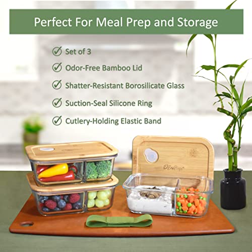 EcoPreps Glass Meal Prep Containers with Bamboo Lids, 2 Compartment Glass Bento Box Container Set (3 Pack) | 100% Plastic Free, Eco-Friendly, Lunch Containers with Lids Made of Bamboo - Set of 3 - Image 3