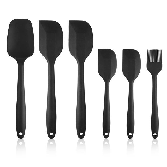 SILICONE SPATULA SET 6 PIECE RUBBER SPATULA HEAT RESISTANT AND STAINLESS STEEL CORE SPATULAS FOR COOKING UTENSILS LARGE AND SMALL BAKING KITCHEN SPATULAS BLACK