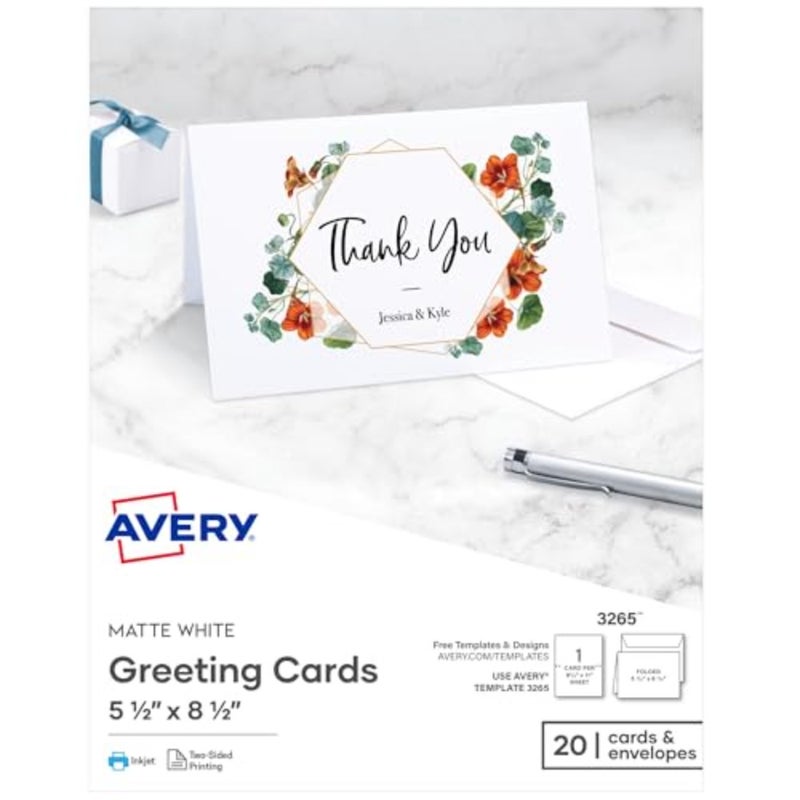Printable Greeting Cards, Half-Fold, 5.5" x 8.5", Matte White, 20 Blank Cards with Envelopes 3265 - Image 1