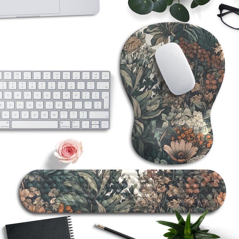 Mechanical Cattle Boho Aesthetic Mouse Pad with Wrist Rest Keyboardpad Vintage Wildflowers Wrist Rest for Computer Keyboard Wrist Rest, Non-Slip Base Home/Office for Computer Keyboard, Made Easy Typing & Relieve - Image 1