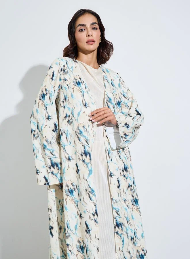 أميرة Cream All Over Print Open Front Abaya