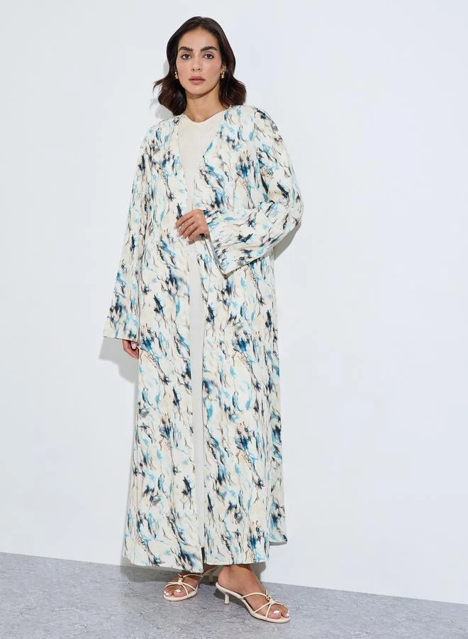 أميرة Cream All Over Print Open Front Abaya