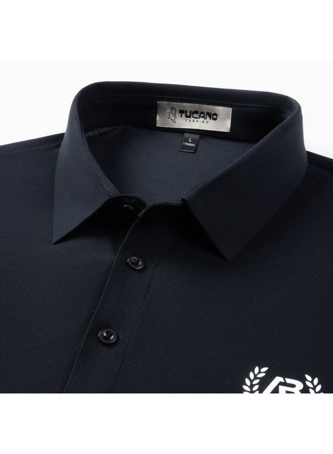 Tucano men's Solid Color Turn-down Collar Business Casual Breathable Short-sleeve Polo Shirt T-shirt - Image 3