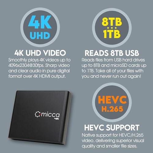 Micca ميديا بلاير ميكا 4K ألترا-إتش دي للوسائط الرقمية لمحركات USB وبطاقات MicroSD، لافتات رقمية، H.265/HEVC H.264/AVC فيديوهات MP4 MKV موسيقى MP3 صور JPG، 4K HDMI، AV تناظري، تشغيل تلقائي واستئناف - Image 4