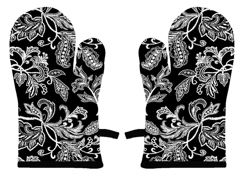 AIRWILL Airwill 100 Heat Resistance Floral Designed Kitchen Oven Mitts Gloves Black White Pack of 2