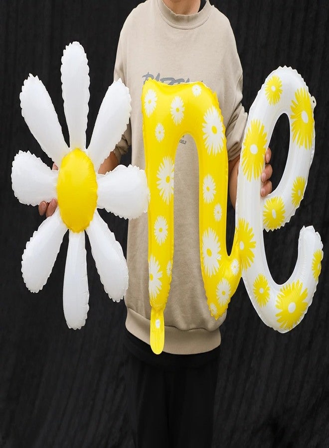 Atpata Funky ONE Daisy theme Foil Balloon for 1st Birthday Party Decorations, Cursive Yellow & White Theme with O N E Letters Cojoined | Ideal for Floral Theme, Daisy theme or Fun To Bee One Theme - Image 1