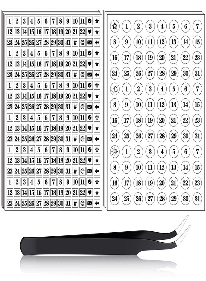 Epakh 12 Sheets Small Planner Number Stickers for Calendar Includes 4 Pcs Small Square Number and Symbol, 8 Pcs Round Planner Date Stickers with Elbow Tweezer for Planners Journals Calendar Notebooks - Image 1