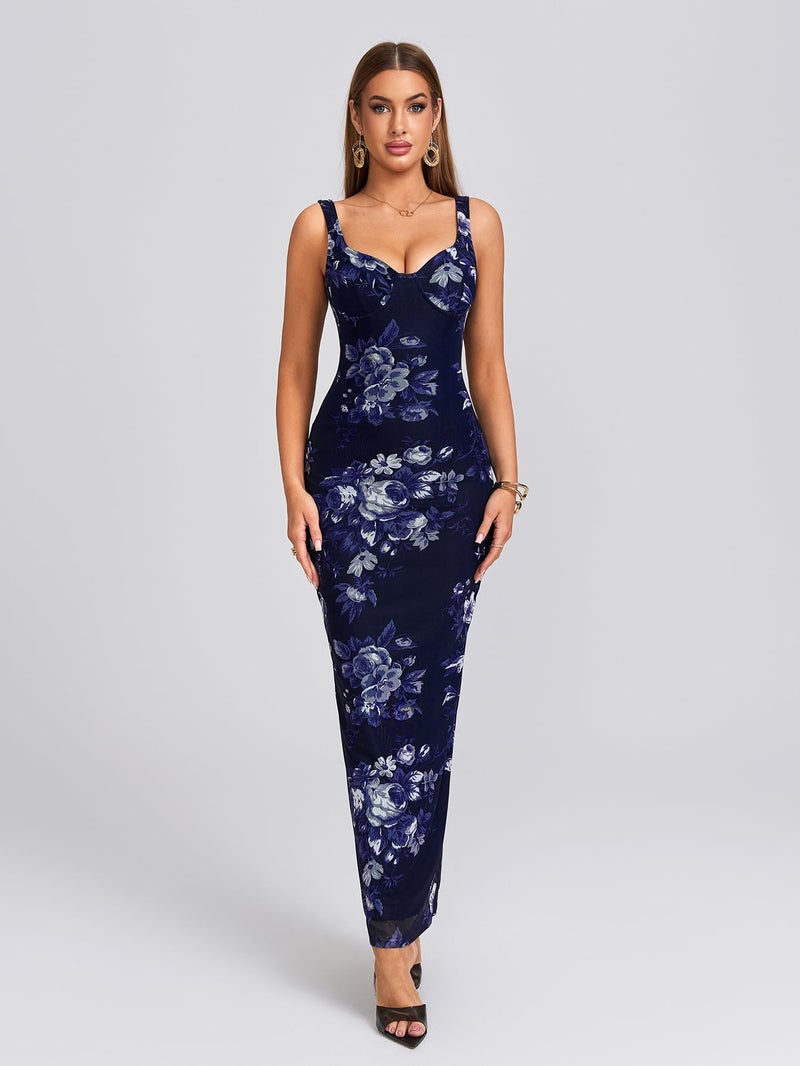 HTZMO Women Summer Floral Bodycon Maxi Dress V Neck Halter Sleeveless Casual Wedding Guest Party Elegant Long Dresses Navy Floral M - Image 5
