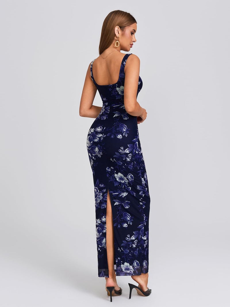 HTZMO Women Summer Floral Bodycon Maxi Dress V Neck Halter Sleeveless Casual Wedding Guest Party Elegant Long Dresses Navy Floral M - Image 2