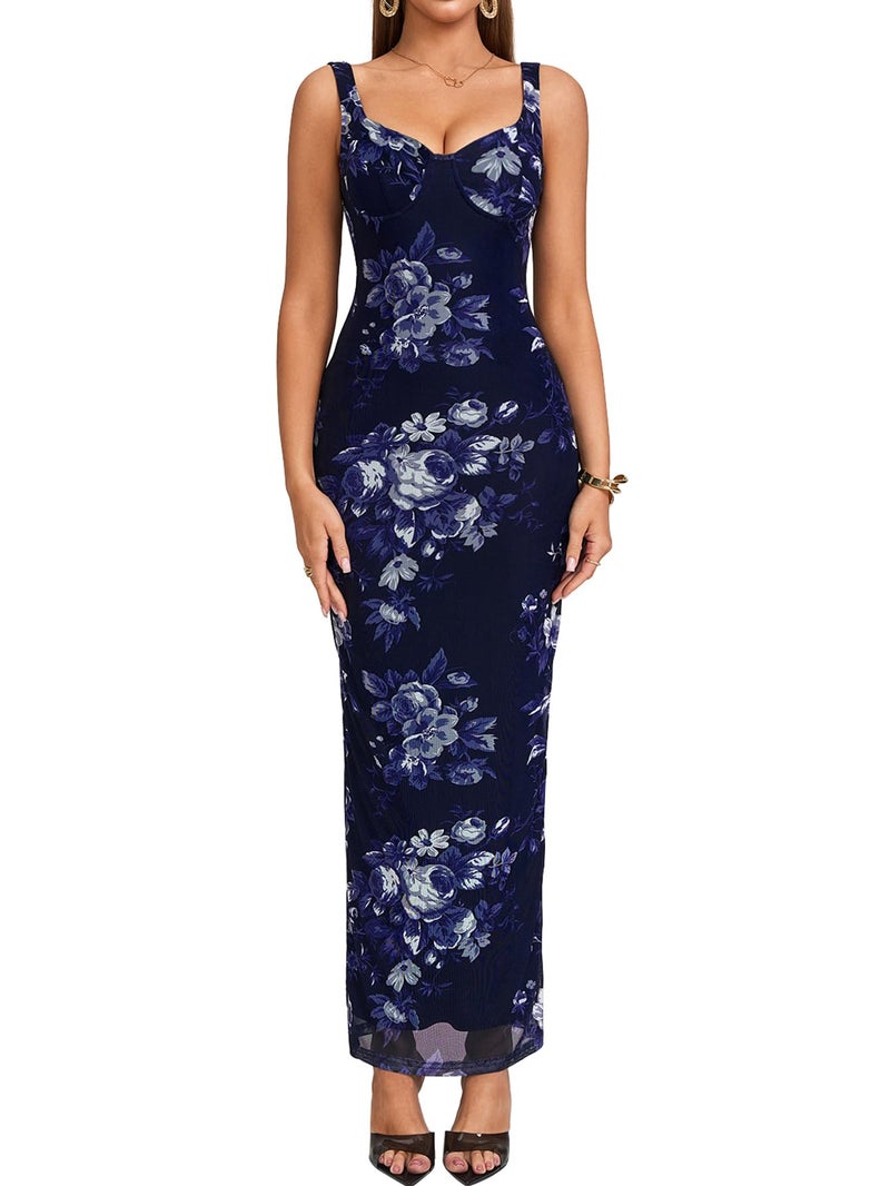 HTZMO Women Summer Floral Bodycon Maxi Dress V Neck Halter Sleeveless Casual Wedding Guest Party Elegant Long Dresses Navy Floral M - Image 1