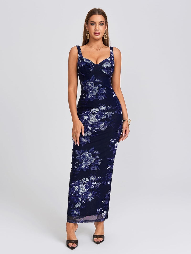 HTZMO Women Summer Floral Bodycon Maxi Dress V Neck Halter Sleeveless Casual Wedding Guest Party Elegant Long Dresses Navy Floral M - Image 3