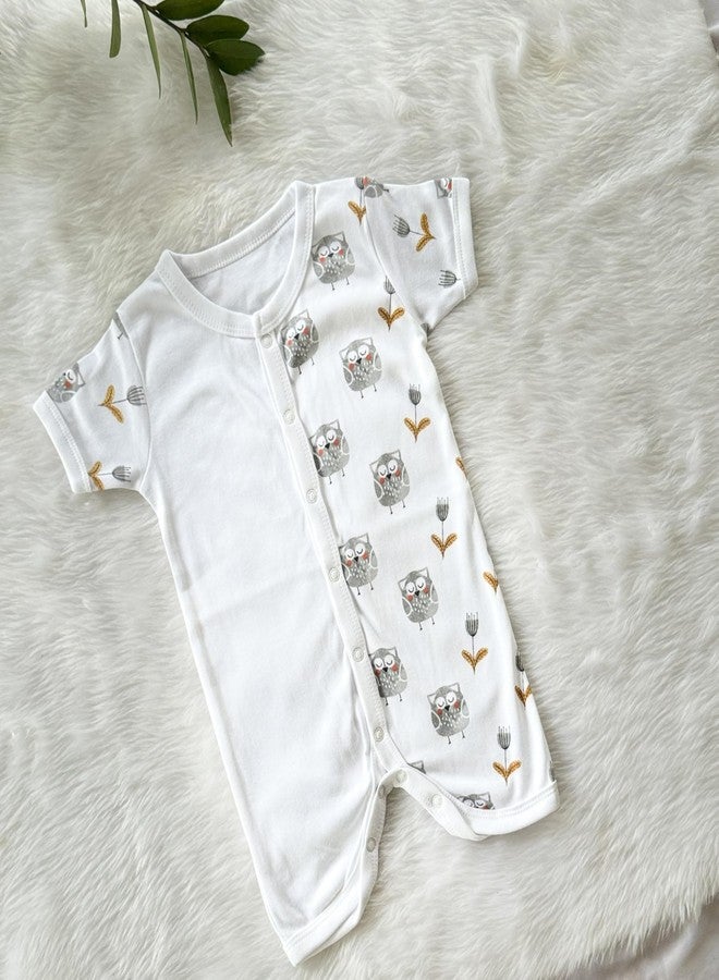 Picksparrow Baby Sleepsuit/Bodysuit/Romper/First Birthday Gift (Cotton, OWL, 6-12M) (Knee-Length, 6-12 Months) White - Image 2