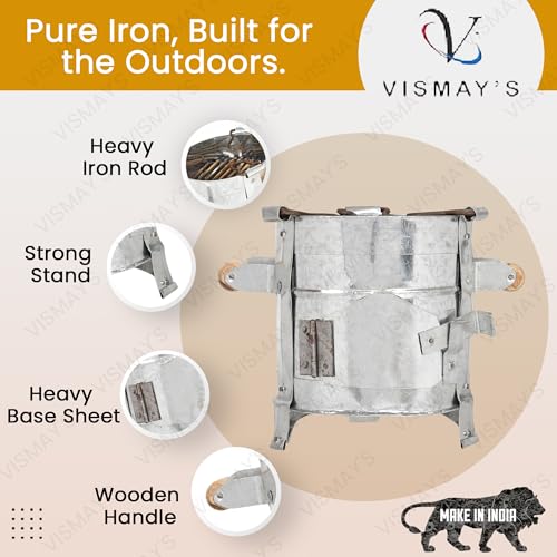 VISMAY'S Vismay’s Heavy-Duty Iron Sigdi (Size 27 x 23 CM) Angiti with Strong Stand Vertical Support Wooden Handle Strong Riveted Rods Chulha Heater Griller Tandoor Stove for Outdoor Cooking with Heavy Sandasi - Image 4