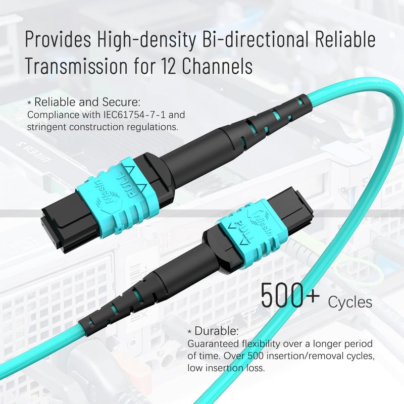 Karono Female MPO to MPO Fiber Optic Patch Cord - 33 ft (10M), 12 cores, MTP Compatible Type B, OM3 Multi-Mode Fiber for QSFP+Transceivers Application, Aqua - Image 3