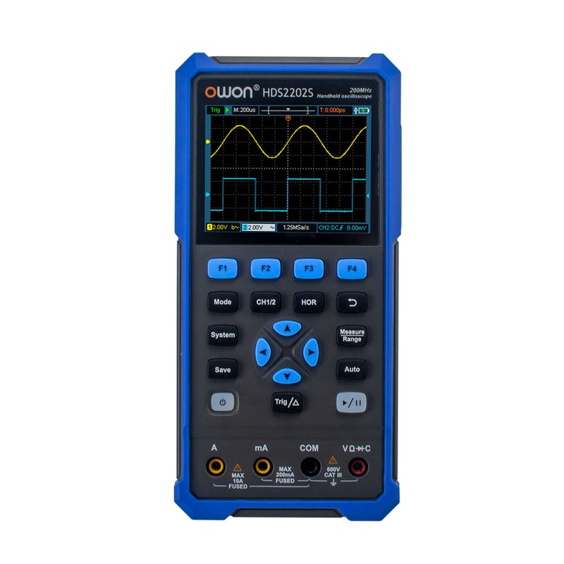 مقياس موجات ومقياس متعدد ومقياس تذبذبات رقمي محمول 3 في 1 OWON HDS2202S - مقياس تذبذبات ثنائي القناع بتردد 200 ميجاهرتز وتردد عينة 1 جيجا عينة/ثانية - مقياس متعدد بحساب RMS حقيقي و20000 عد - شاشة LCD ملونة بقياس 3.5 بوصة - قابلة لإعادة الشحن من نوع Type-C - Image 1