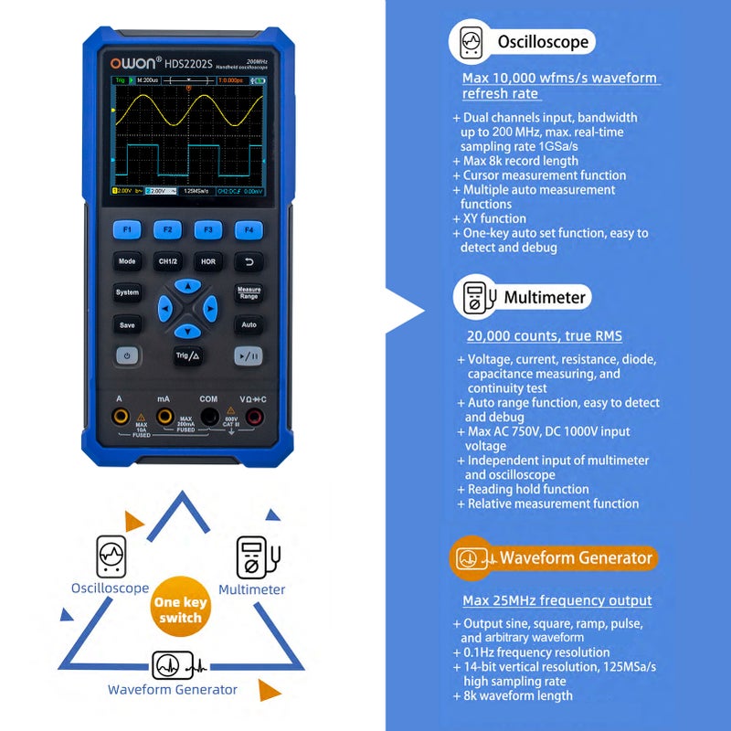مقياس موجات ومقياس متعدد ومقياس تذبذبات رقمي محمول 3 في 1 OWON HDS2202S - مقياس تذبذبات ثنائي القناع بتردد 200 ميجاهرتز وتردد عينة 1 جيجا عينة/ثانية - مقياس متعدد بحساب RMS حقيقي و20000 عد - شاشة LCD ملونة بقياس 3.5 بوصة - قابلة لإعادة الشحن من نوع Type-C - Image 5