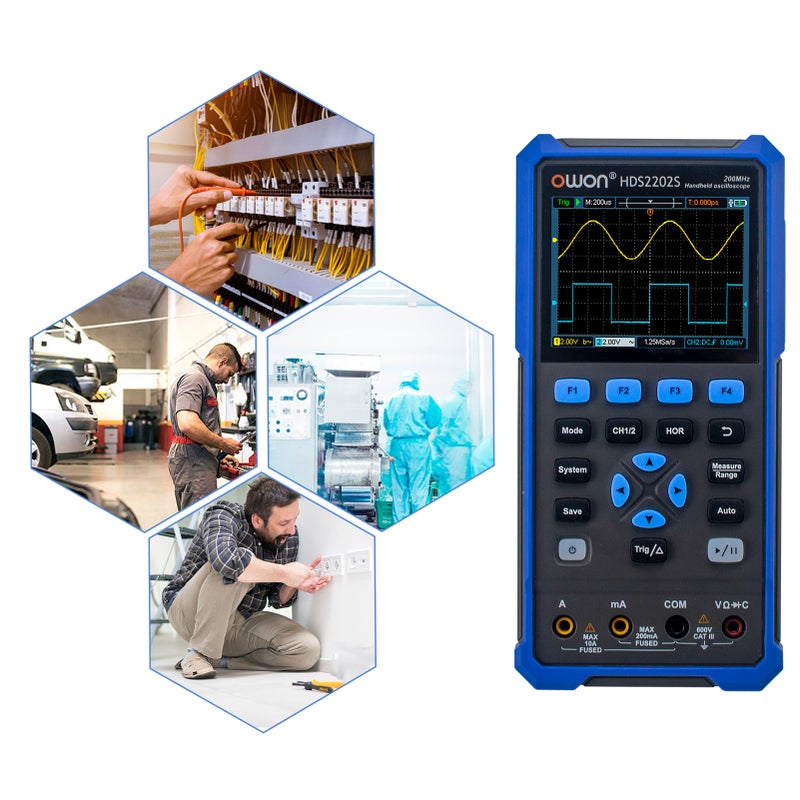 مقياس موجات ومقياس متعدد ومقياس تذبذبات رقمي محمول 3 في 1 OWON HDS2202S - مقياس تذبذبات ثنائي القناع بتردد 200 ميجاهرتز وتردد عينة 1 جيجا عينة/ثانية - مقياس متعدد بحساب RMS حقيقي و20000 عد - شاشة LCD ملونة بقياس 3.5 بوصة - قابلة لإعادة الشحن من نوع Type-C - Image 2