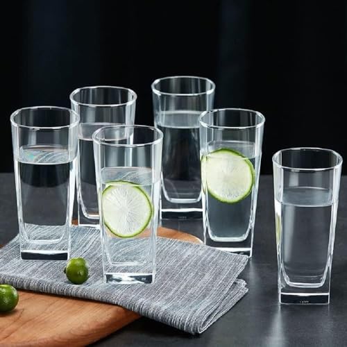 NVRA Italian Premium Juice and Water Glass Set of 6 Transparent, 300ml, Drinking Water Glasses Stylish and Crystal Square Highball Glasses for Water Juice and Cocktails - Image 1