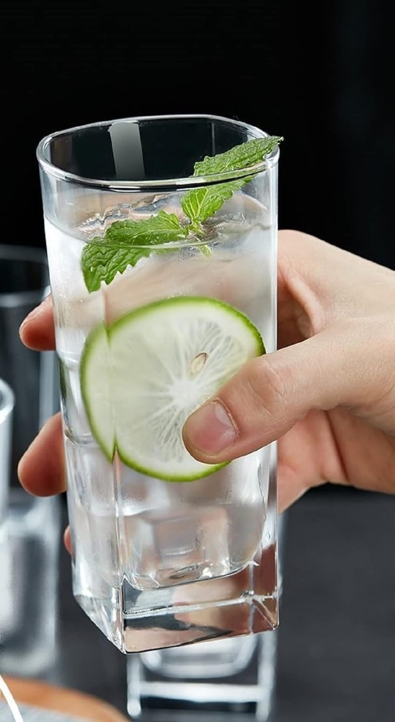 NVRA Italian Premium Juice and Water Glass Set of 6 Transparent, 300ml, Drinking Water Glasses Stylish and Crystal Square Highball Glasses for Water Juice and Cocktails - Image 3