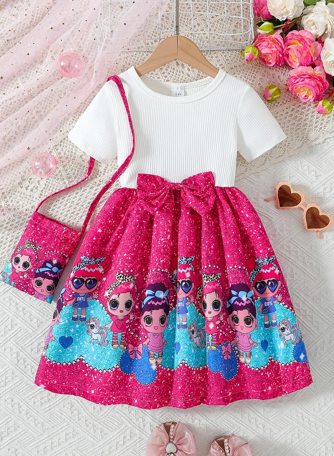 تايك تو Take Two Embellished Color Block Round Neck Knee-Length Dress with Bag