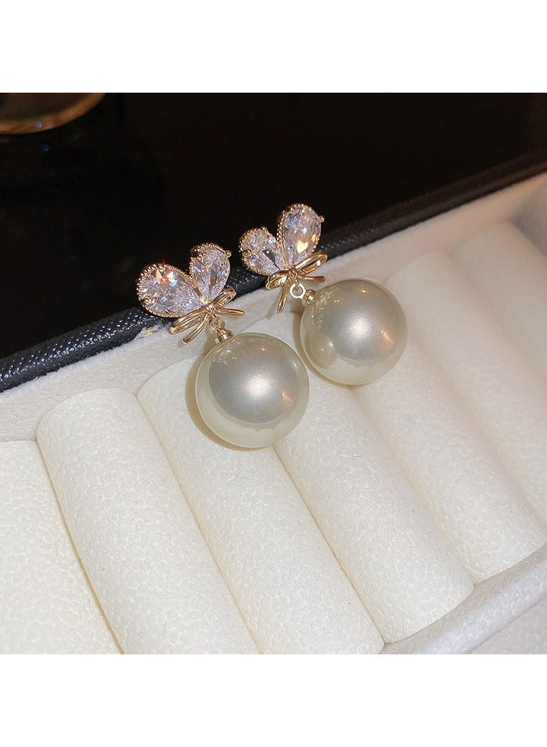 Golden Heart Ribbon Pearl Earrings 