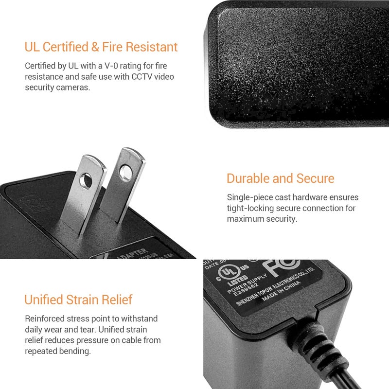 TIGERSECU UL Certified Security Camera AC/DC Power Adapter, 12V 1A 100V-240V 2.1x5.5mm Power Supply, Compatible with Lorex, Night Owl, Swann, ZOSI, Reolink, Annke IP and BNC Cameras (2-Pack) - Image 5